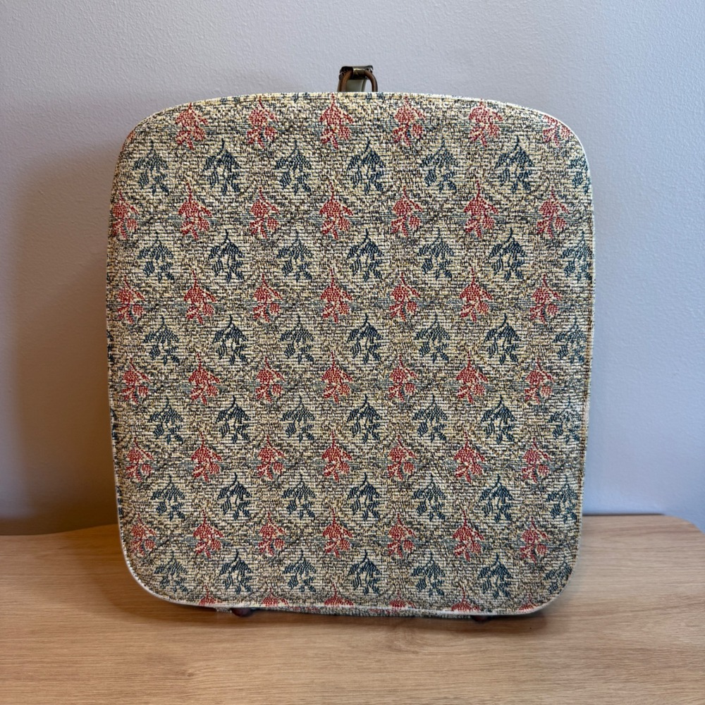 Vintage Tapestry Suitcase Leaf Pattern MCM Travel Bag Tan Pink Blue 12 inch